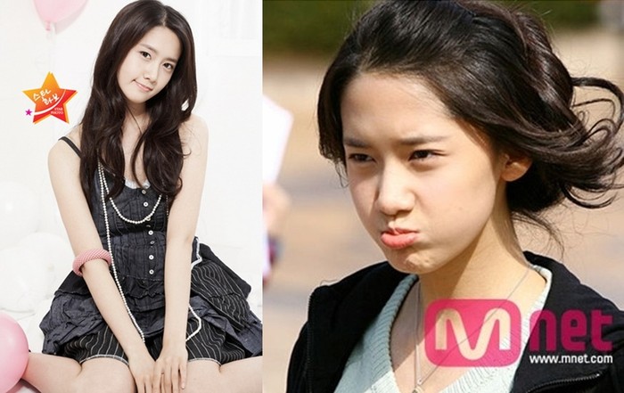 1. Yoona (SNSD) khi trang điểm (trái) và khi mặt mộc (phải) dường như không hề có sự khác biệt.